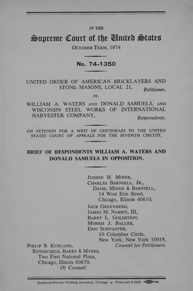 United Order of American Bricklayers and Stone Masons, Local 21 v. Waters Brief of Respondents preview