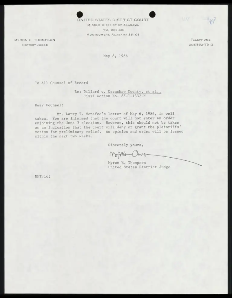 Correspondence from Judge Thompson to All Counsel preview
