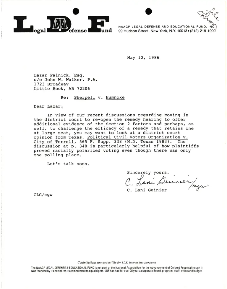 Correspondence from Lani Guinier to Lazar Palnick, Esq. Re Sherpell v. Humnoke preview
