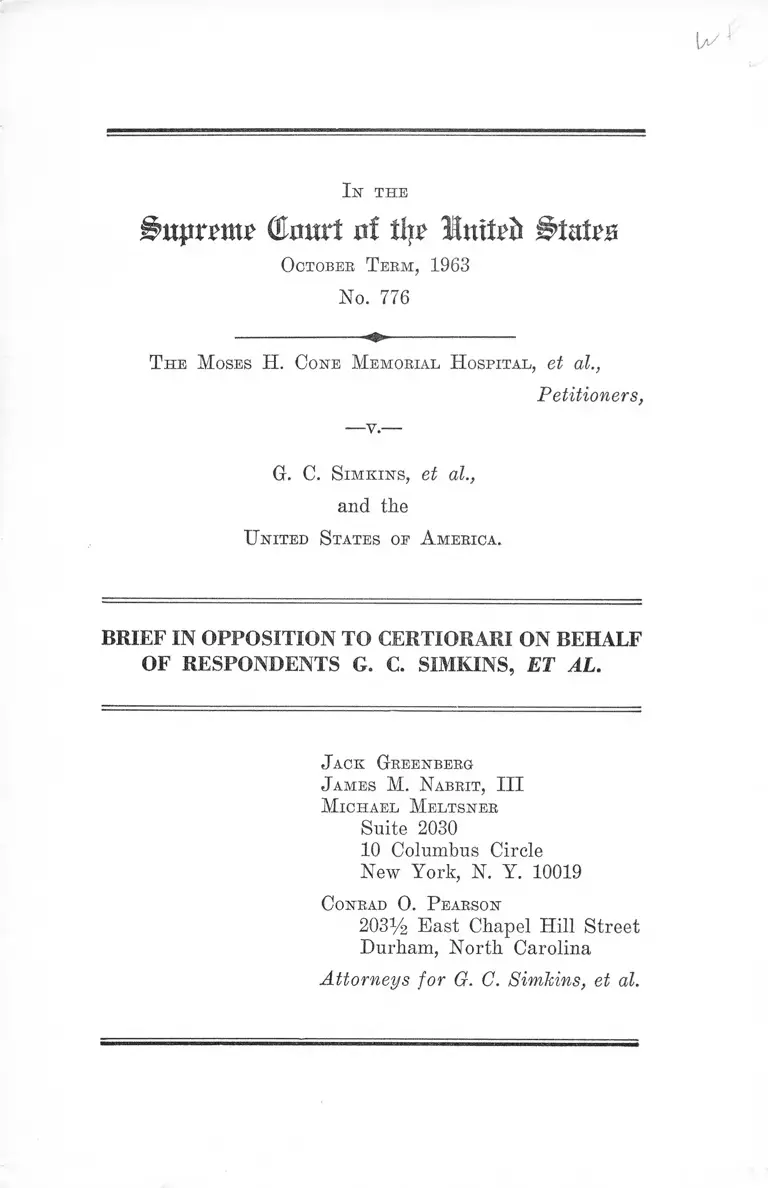 Moses H. Cone Memorial Hospital v. Simkins Brief in Opposition to Certiorari preview