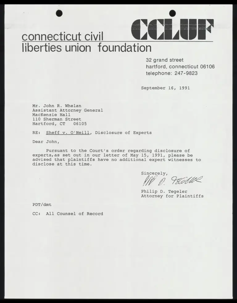 Correspondence from Tegeler to Whelan Re: Disclosure of Experts and September 12, 1991 Notes preview