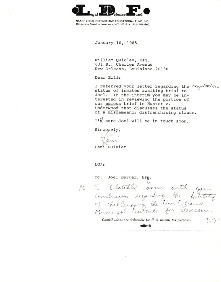 Correspondence from Lani Guinier to William Quigley, Esq. Re Hunter v. Underwood preview
