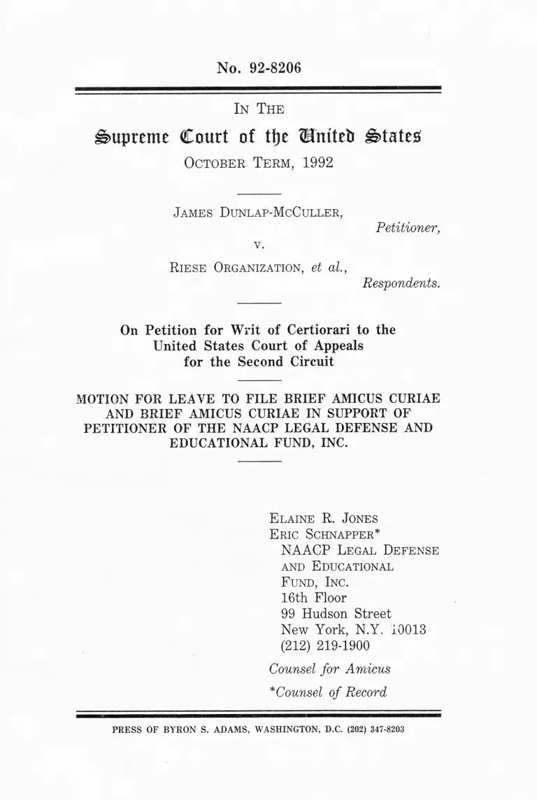 McCuller v. Riese Organization Motion for Leave to File Brief Amicus Curiae and Brief Amicus Curiae in Support of Petitioner preview