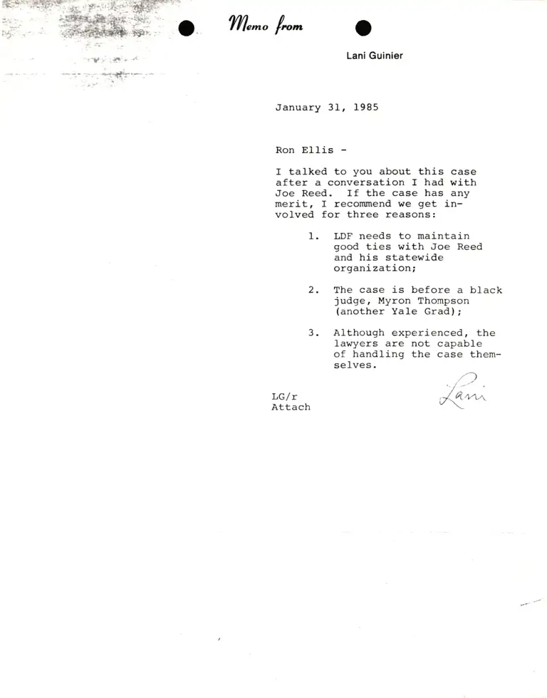 Correspondence from Lani Guinier to Ron Ellis preview