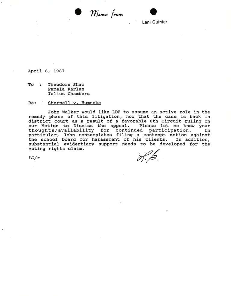 Memorandum from Lani Guinier to Theodore Shaw, Pamela Karlan, and Julius Chambers Re Sherpell v. Humnoke preview