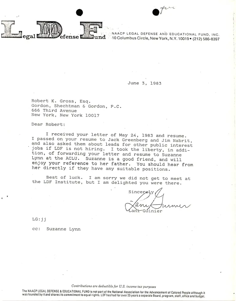 Correspondence from Lani Guinier to Robert K. Gross preview