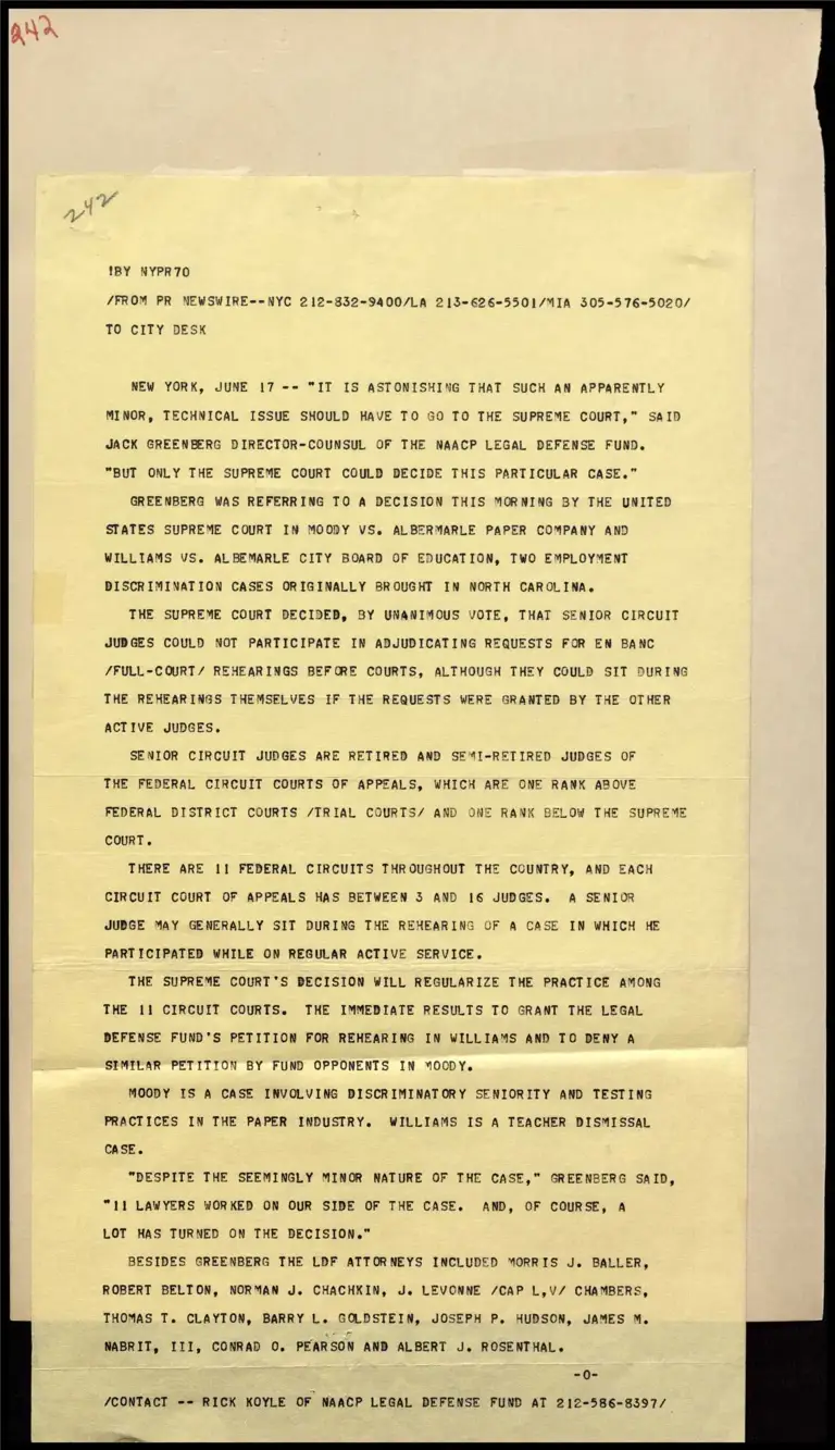 Greenberg Remark on Moody v. Albermarle Paper Company and Williams v. Albermarle City Board of Education Discrimination Cases preview
