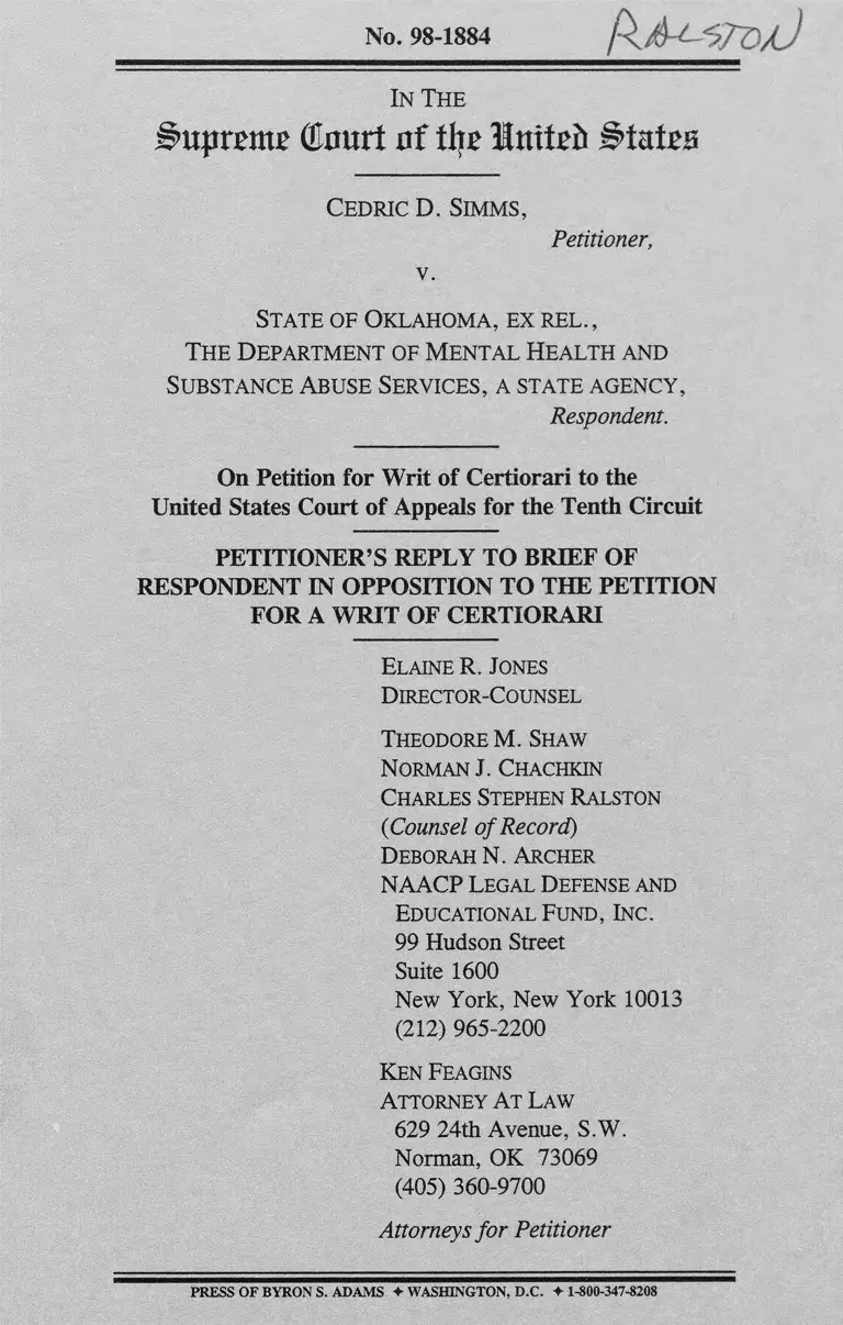 Simms v OK Petitioners Reply to Brief of Respondents in Opposition to the Petition for Writ of Certiorari preview