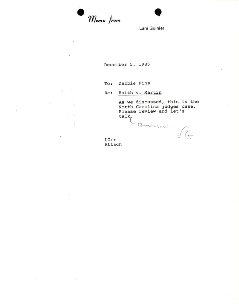 Memorandum from Lani Guinier to Debbie Fins Re Haith v. Martin preview