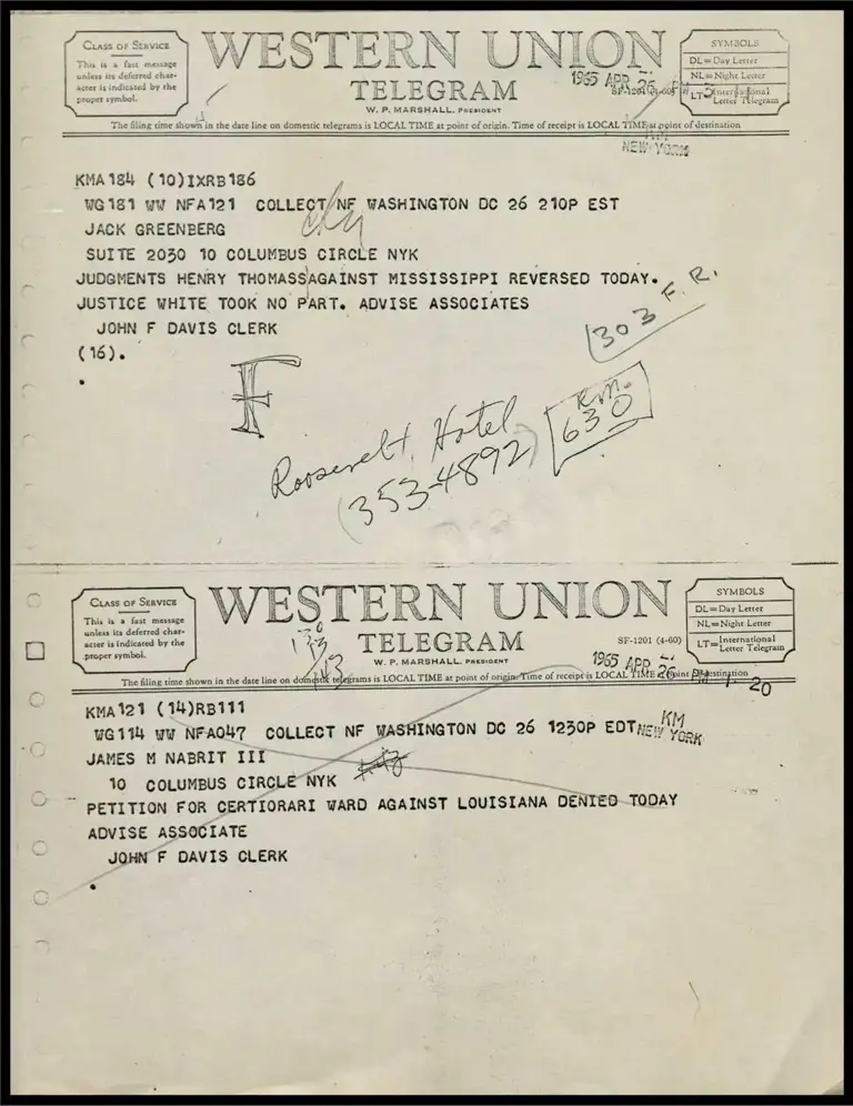 Telegram: Jack Greenberg to John F. David Clerk preview