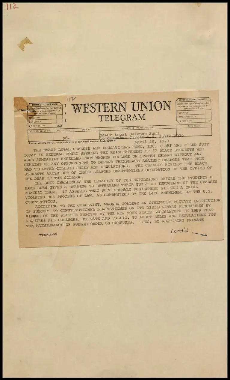 Complaint Against Lack of Due Process for 27 Black Students Expelled from Wagner College (Telegram) preview