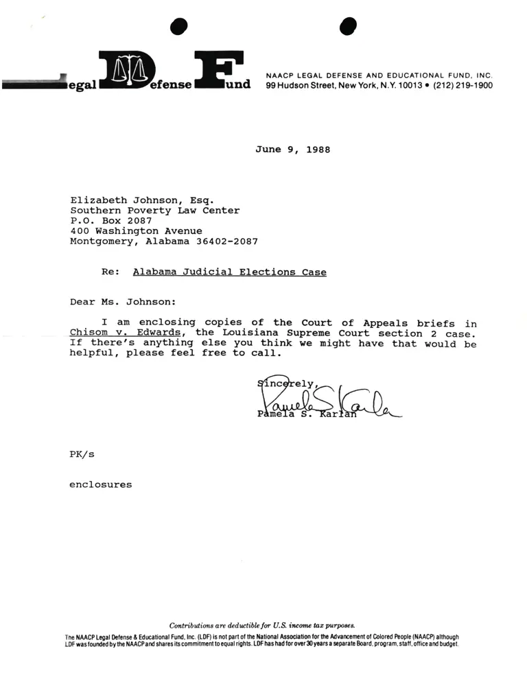 Correspondence from Pamela Karlan to Elizabeth Johnson, Esq. (Southern Poverty Law Center) Re Alabama Judicial Elections Case preview