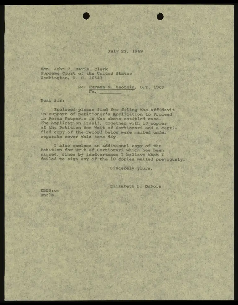 Correspondence from DuBois to Clerk Re Filing Affidavit preview