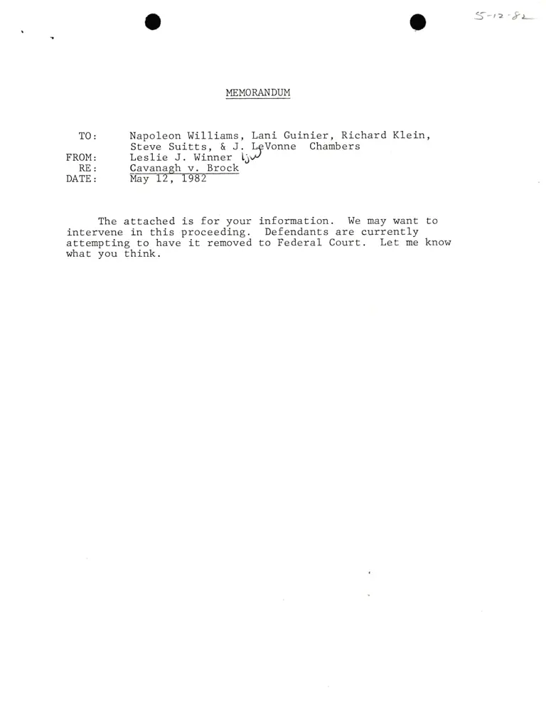 Memorandum from Winner to Williams, Guinier, Klein, Suitts, and Chambers; Petition for Declaratory Judgment and Application for Injunction preview