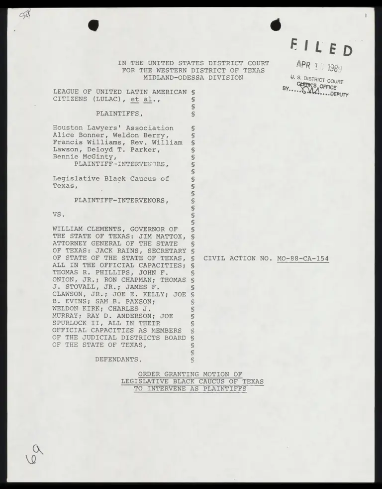 Order Granting Motion of Legislative Black Caucus of Texas to Intervene as Plaintiffs preview