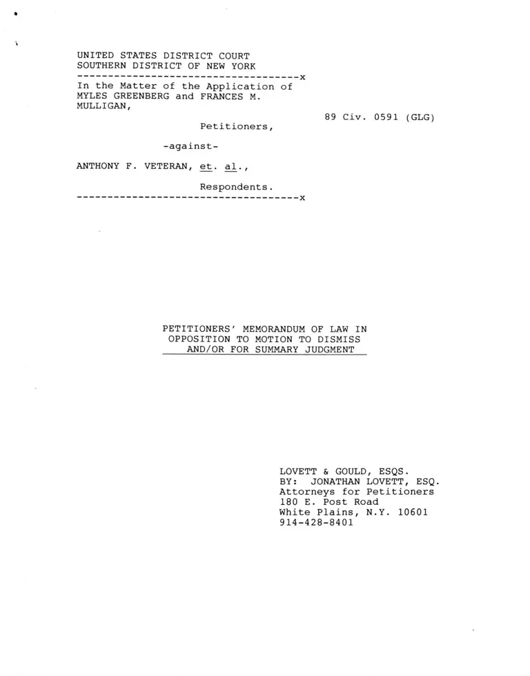 Greenberg v. Veteran Petitioners' Memorandum of Law in Opposition to Motion to Dismiss and/or for Summary Judgement preview