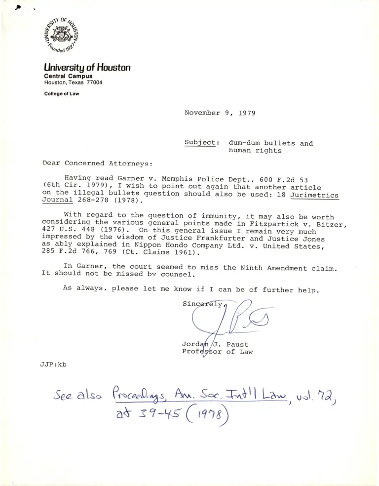 Letter from Paust to Attorneys RE: Dum-Dum Bullets and Human Rights preview