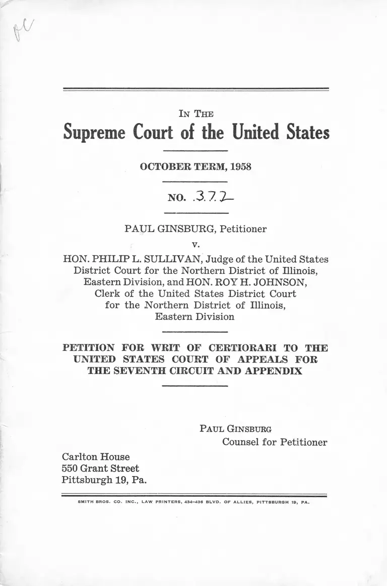 Ginsburg v. Sullivan Petition for Writ of Certiorari to the US Court of Appeals for the Seventh Circuit and Appendix preview