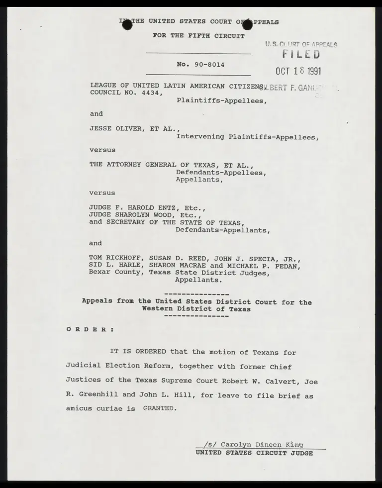 Order Granting Motion to File Texans for Judicial Election Reform Amicus Brief preview