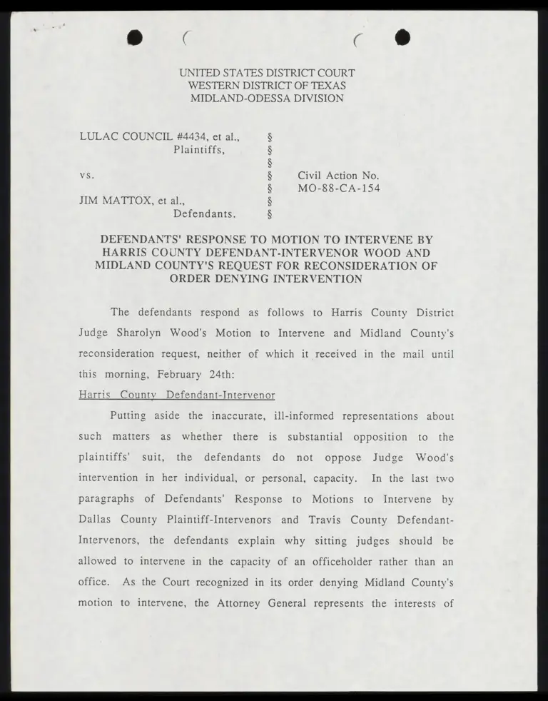 Defendants' Response to Motion to Intervene by Wood and Midland County's Request for Reconsideration of Order Denying Intervention preview