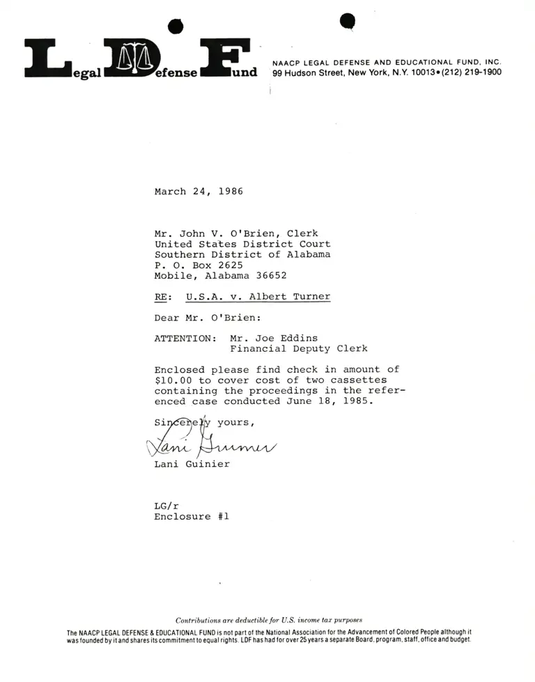 Correspondence from Lani Guinier to John V. O'Brien (Clerk) Re: United States v. Albert Turner preview