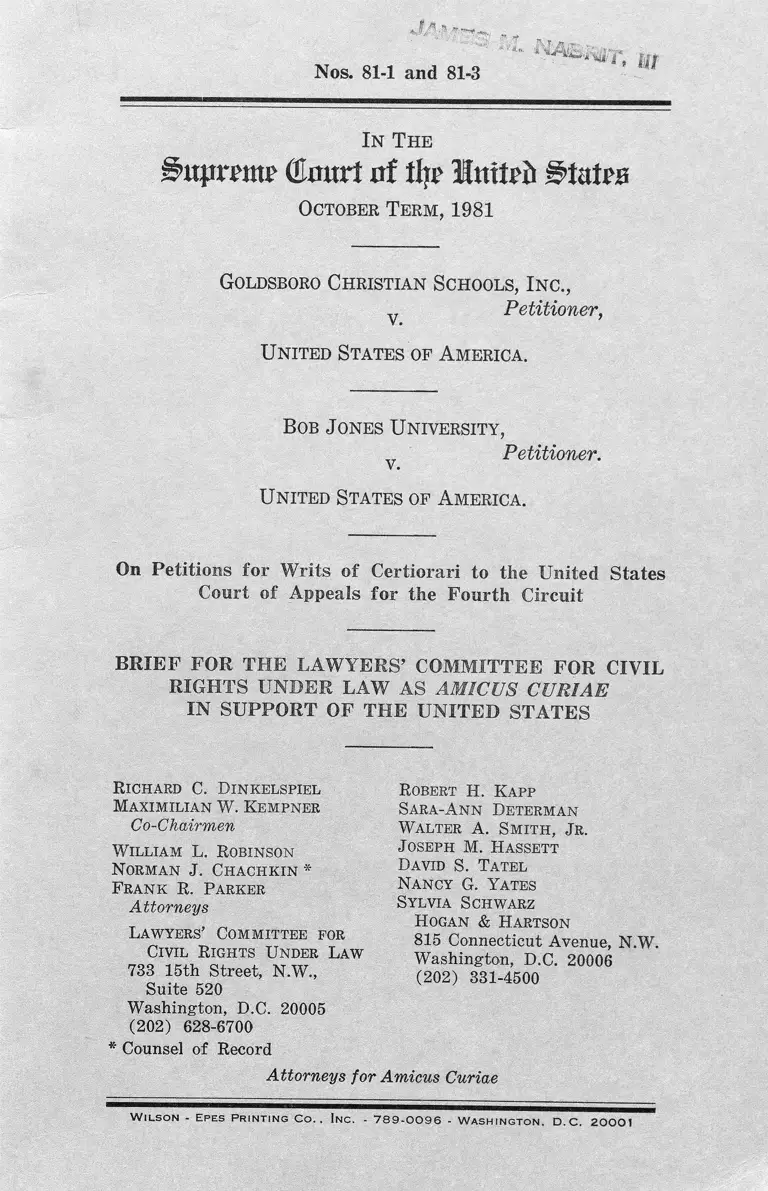 Goldsboro Christian Schools, Inc. v. United States Brief Amicus Curiae preview