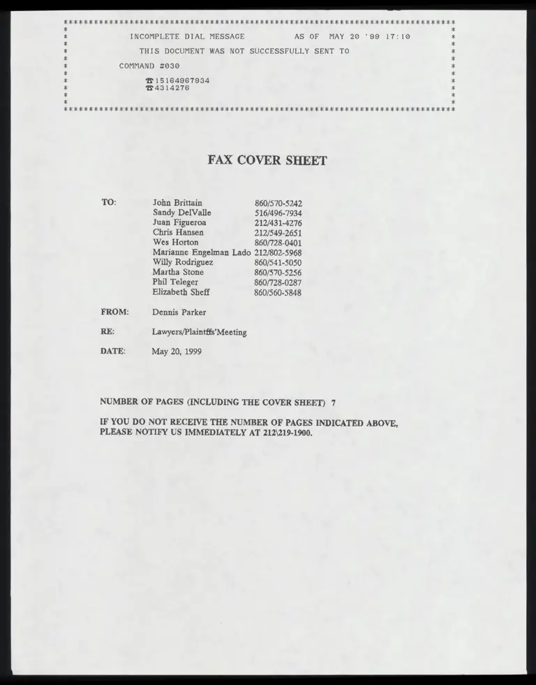 Fax Cover Sheet RE: Lawyers/ Plaintiffs' Meeting preview