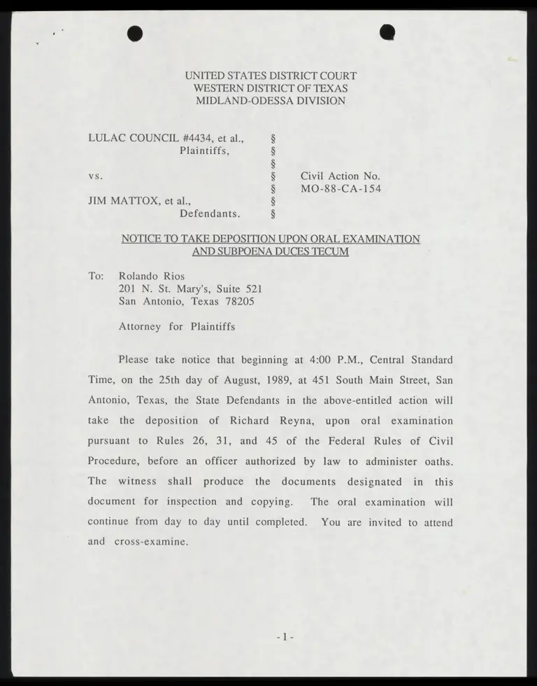 Notices to Take Deposition Upon Oral Examination and Subpoena Duces Tecum to Rios preview