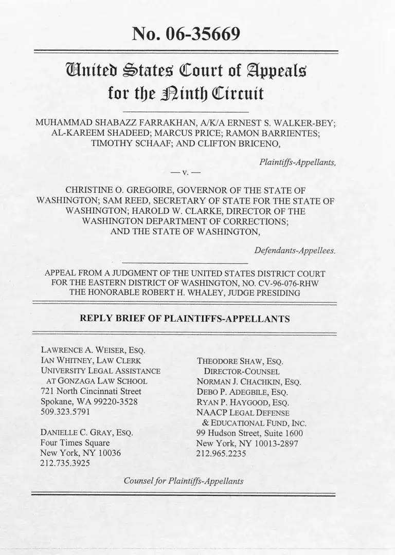 Farrakhan v. Gregoire Reply Brief of Plaintiffs-Appellants preview