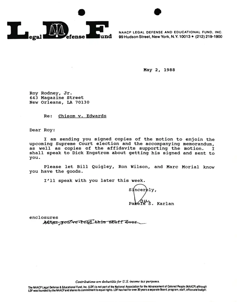 Correspondence from Pamela Karlan to Roy Rodney, Jr. Re Chisom v. Edwards preview