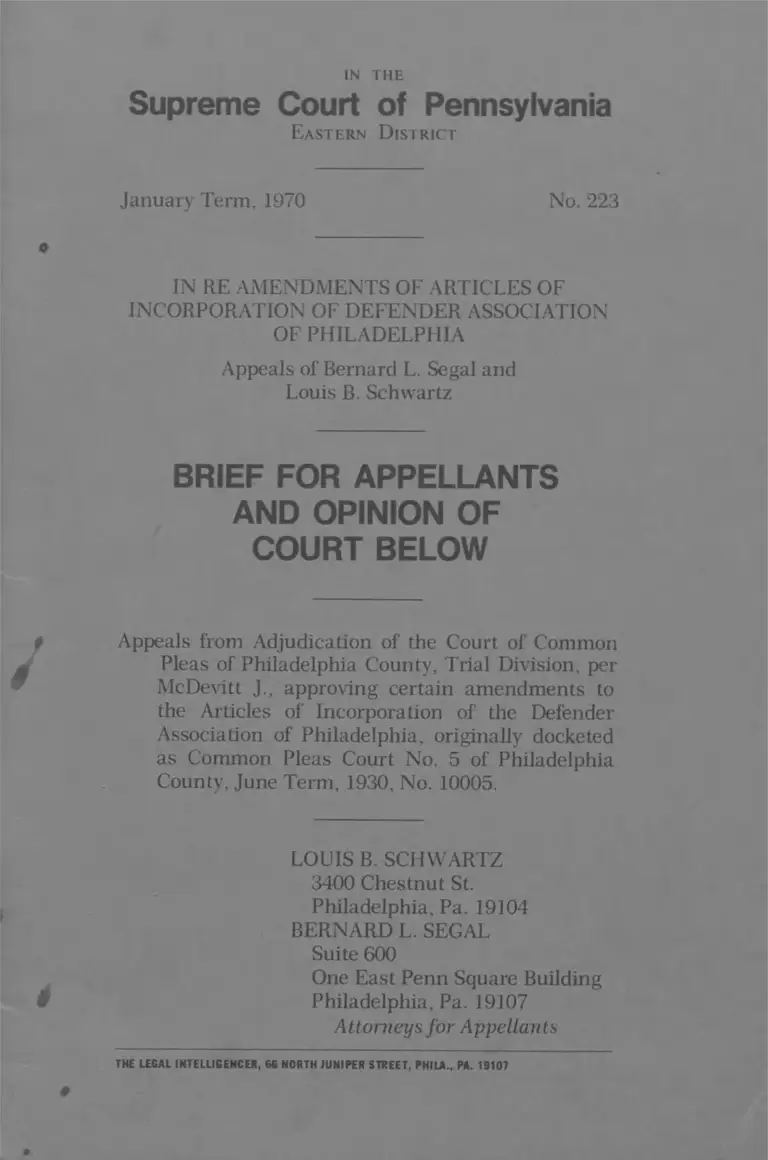Defender Association of Philadelphia v. Pennsylvania Brief for Appellants and Opinion of Court preview