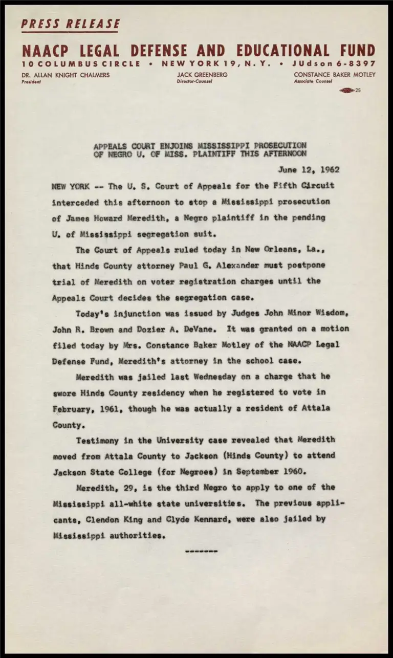 Appeals Court Enjoins Mississippi Prosecution of Negro U. of Miss. Plantiff this Afternoon preview