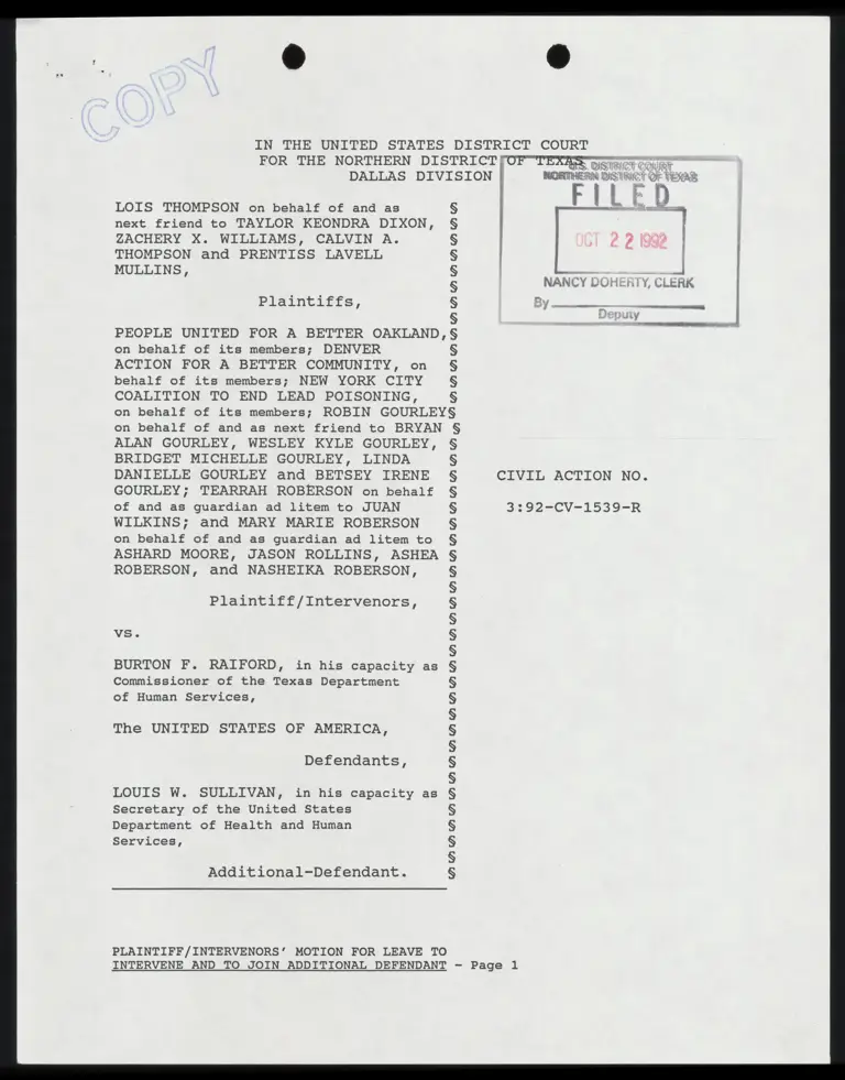 Plaintiffs' Motion for Leave to Intervene and to Join Additional Defendant with Certificate of Service and Conference preview