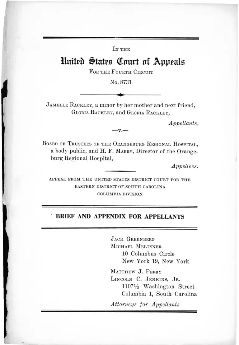 Rackley v. Board of Trustees of Orangeburg Regional Hospital Brief and Appendix for Appellants preview