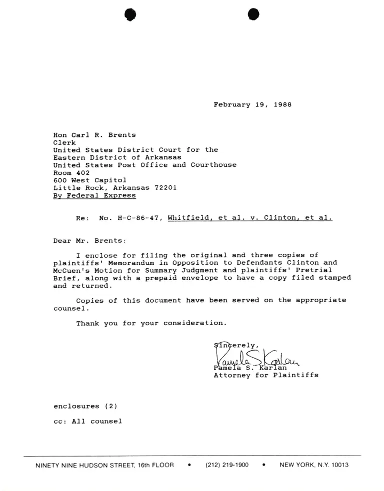 Correspondence from Pamela Karlan v. Carl R. Brents (Clerk) preview