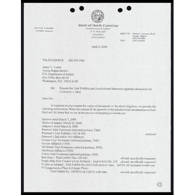 Letter to Tucker from Carraway RE: Request for Trial Exhibits and Jurisdictional Statement Appendix preview