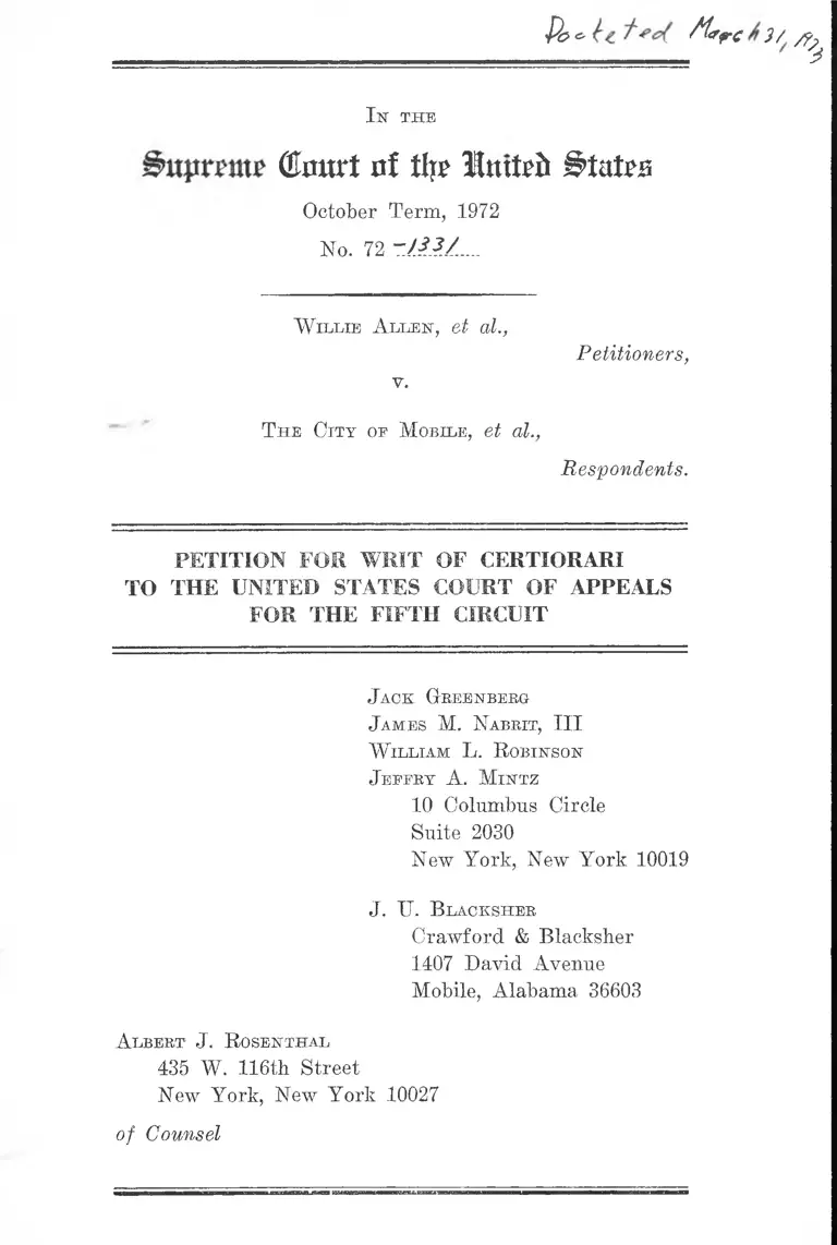Allen v. City of Mobile Petition for Writ of Certiorari to the United States Court of Appeals for the Fifth Circuit preview