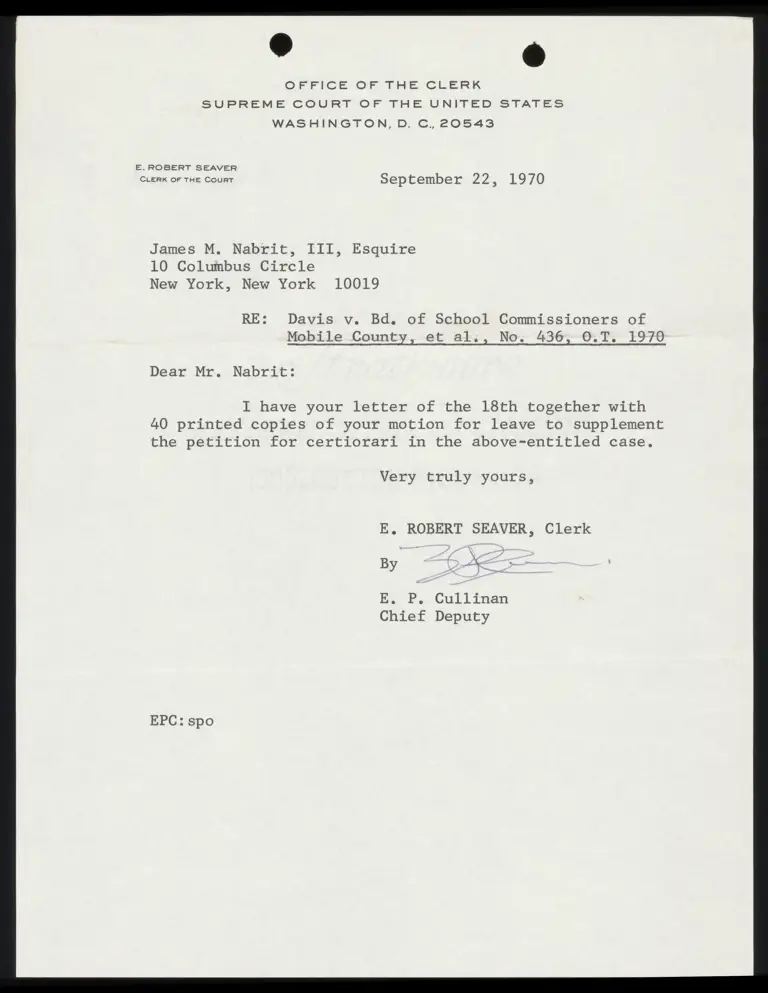 Correspondence from Clerk to Nabrit Re: Letter of the 18th preview