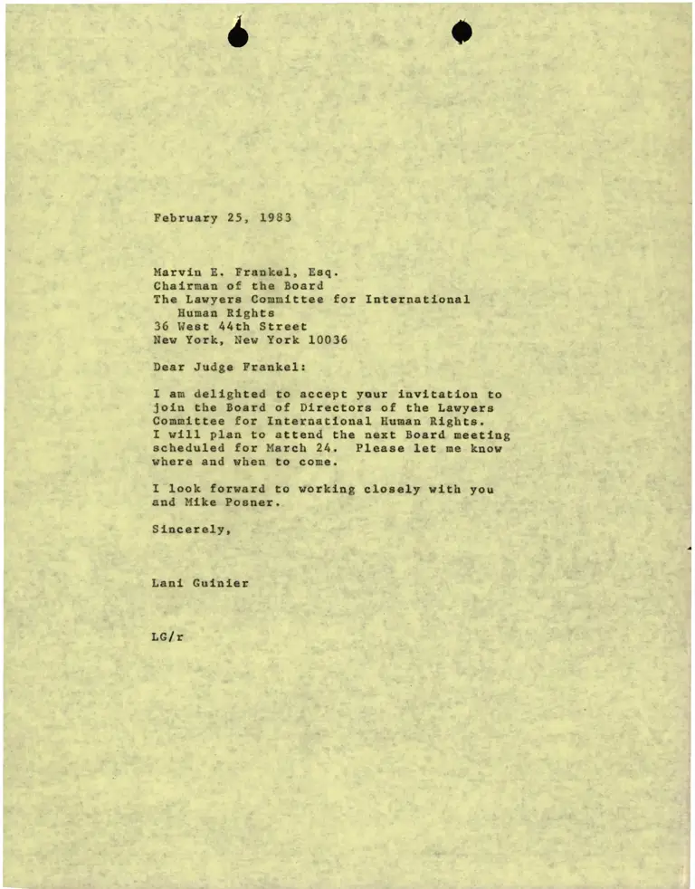 Correspondence from Lani Guinier to Marvin E. Frankel (The Lawyers Committee for International Human Rights) preview