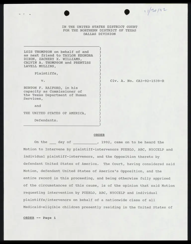 Order: Denied Plaintiffs' Motion for Intervention and Added Additional Defendant of Dr. Louis Sullivan preview