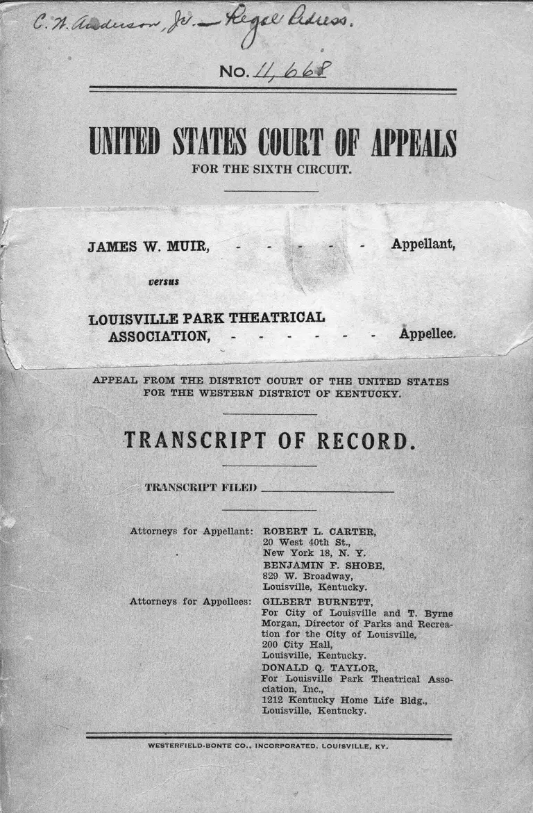 Muir v. Louisville Park Theatrical Association Transcript of Record preview