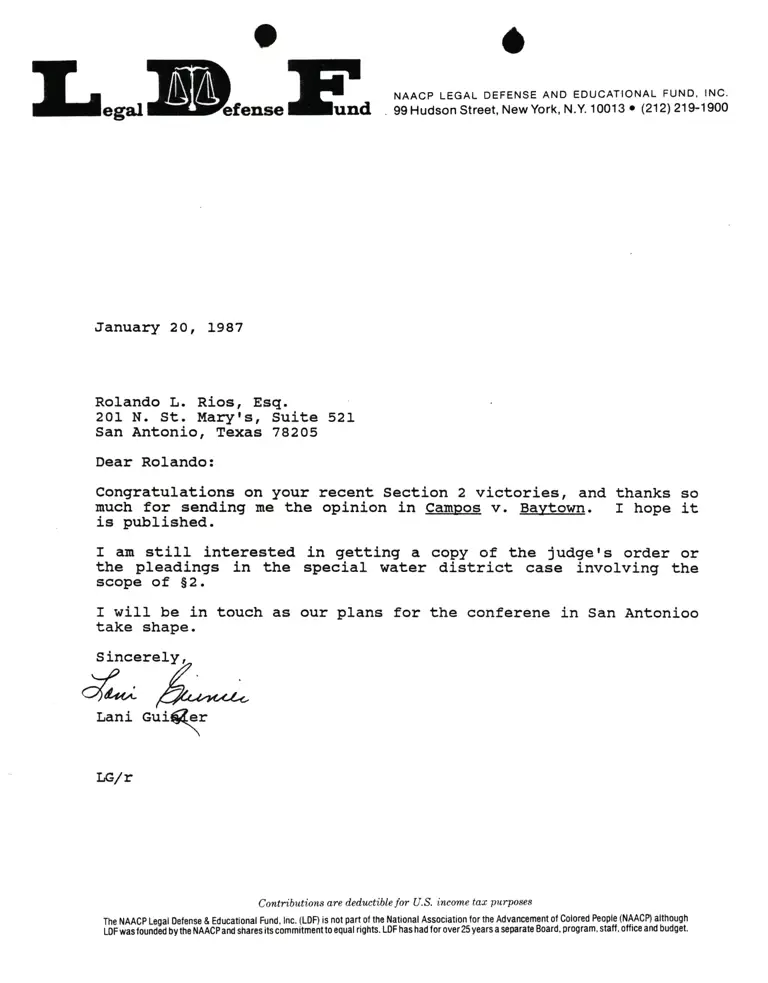 Correspondence from Lani Guinier to Rolando L. Rios preview