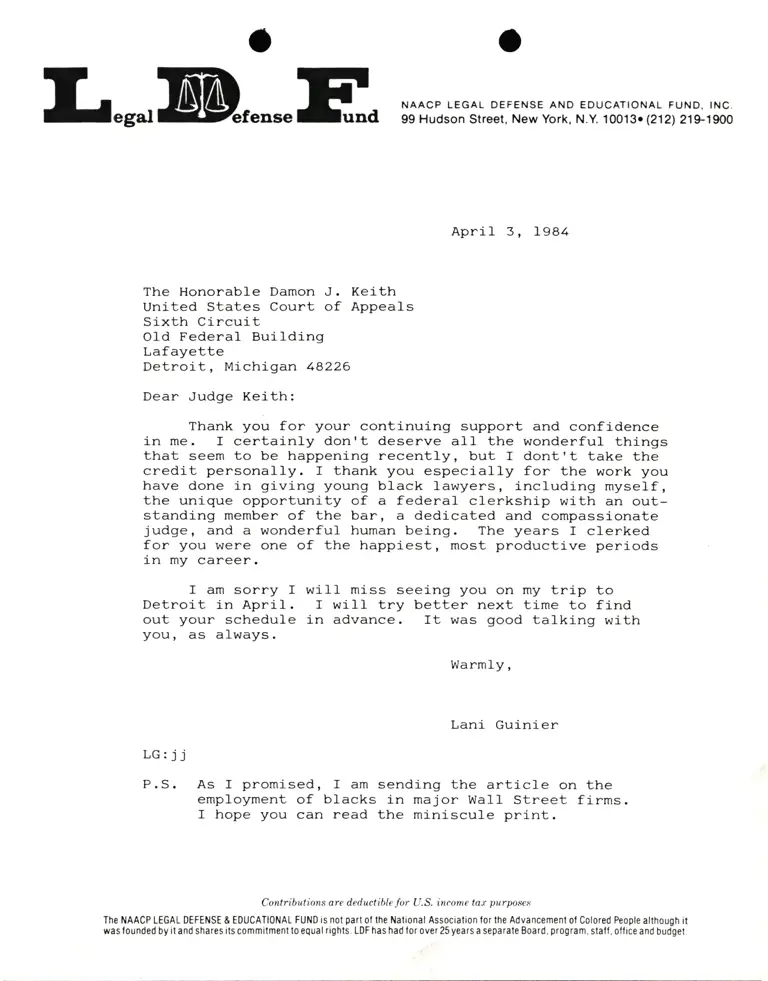 Letter from Lani Guinier to Judge Damon J. Keith preview