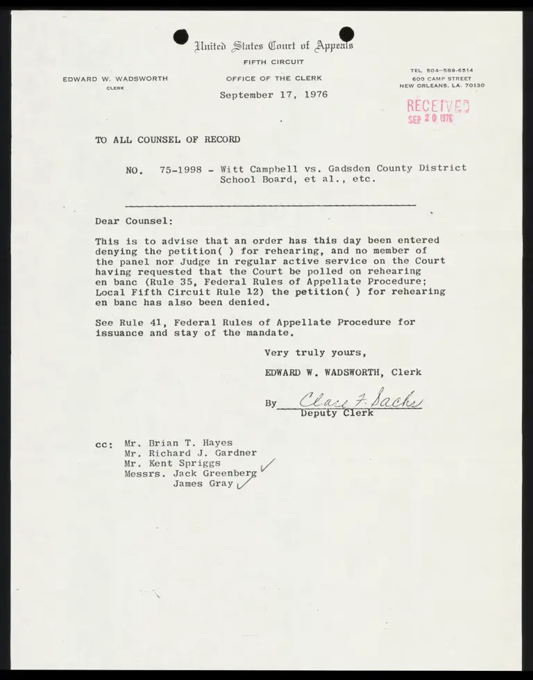 Correspondence from Clerk to Counsel Re: Denial of Petition preview