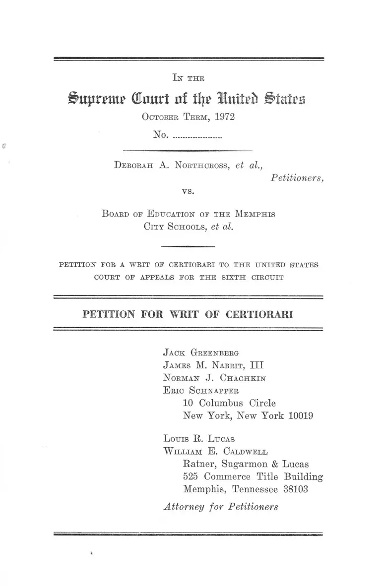 Northcross v. Memphis City Schools Board of Education Petition for Writ of Certiorari preview