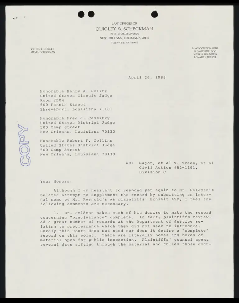 Correspondence from Kellogg to Judges Politz, Cassibry, and Collins preview