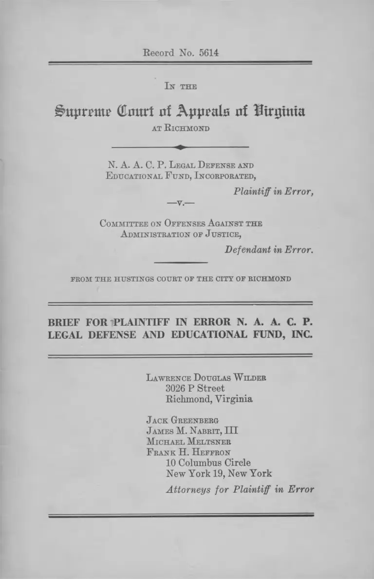 NAACP Legal Defense Fund v. Committee on Offenses Against the Administration of Justice Brief for Plaintiff in Error preview