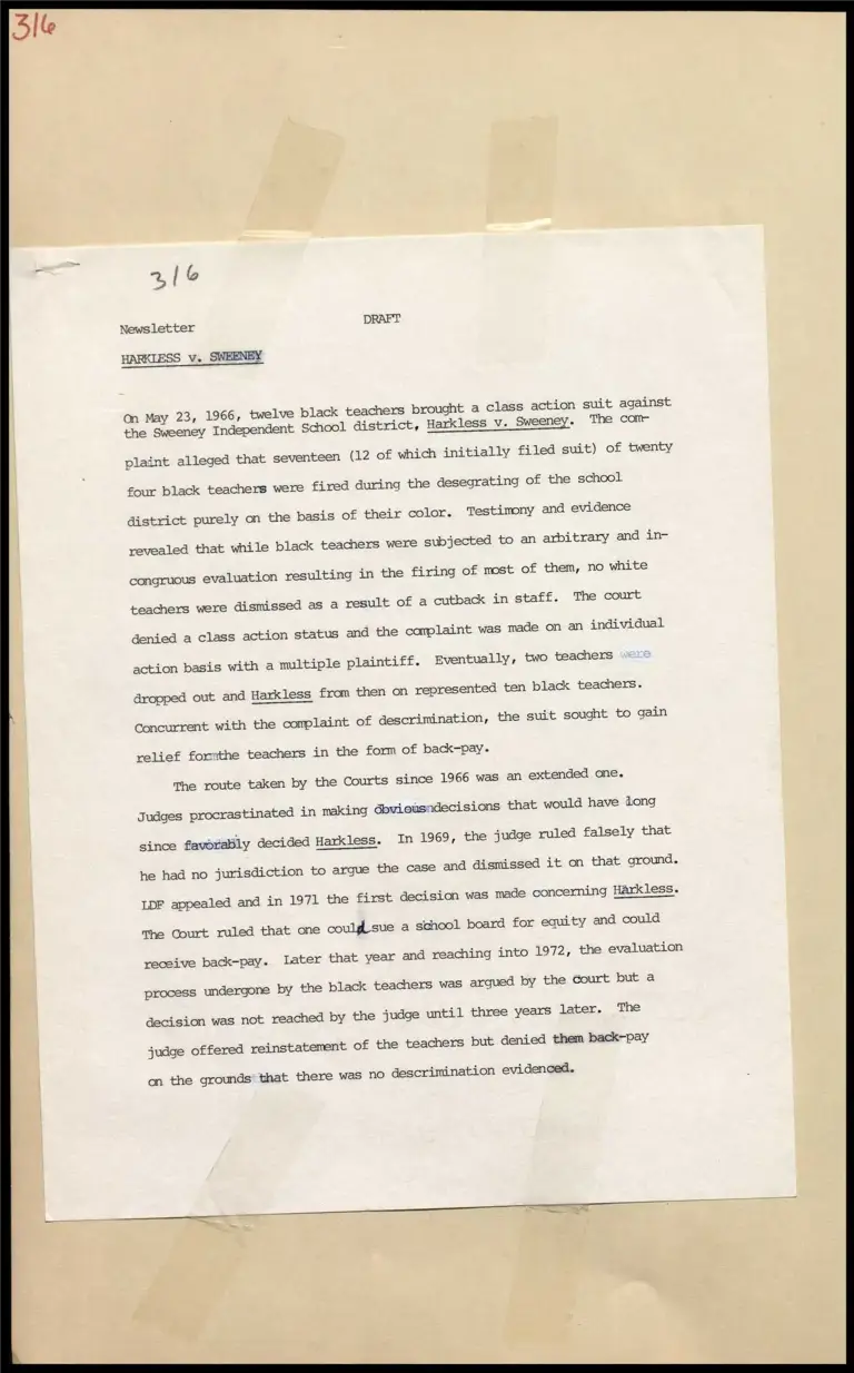 Draft of Newsletter on Harkless v. Sweeney preview