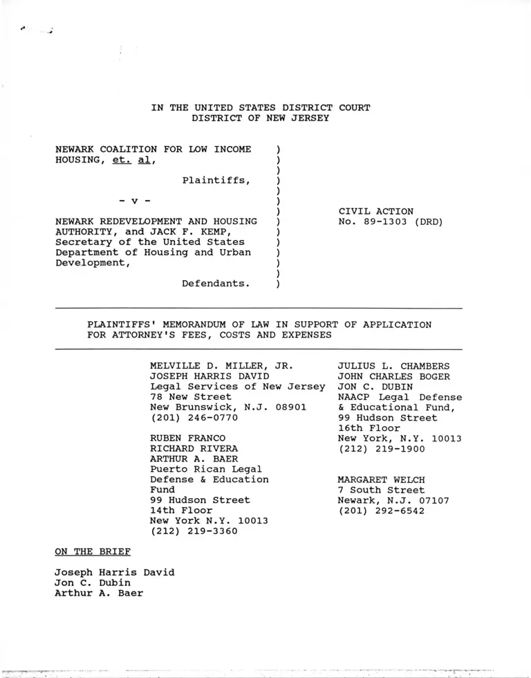 Newark Coalition for Low Income Housing v. Newark Redevelopment Housing Authority Plaintiffs' Memorandum of Law preview