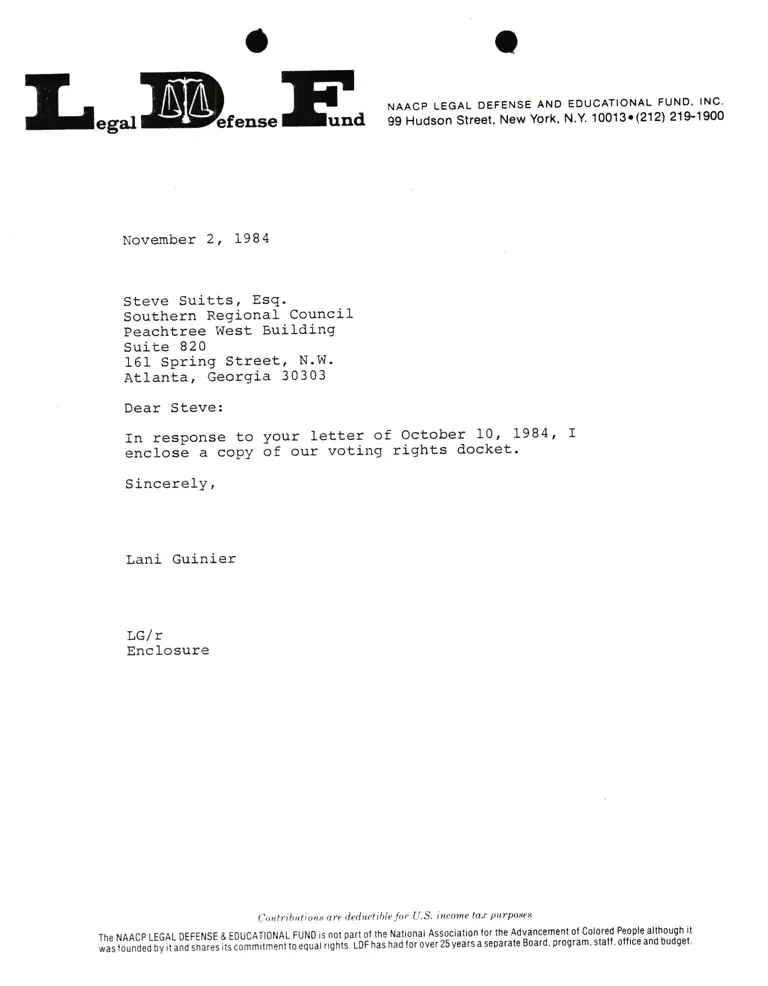 Letter from Lani Guinier to Steve Suitts RE LDF voting rights docket preview